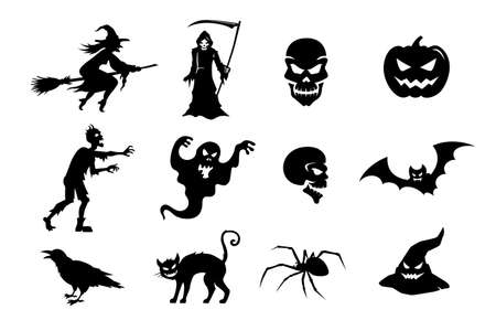 Big set of black silhouettes of monsters and creatures for Halloweenのイラスト素材