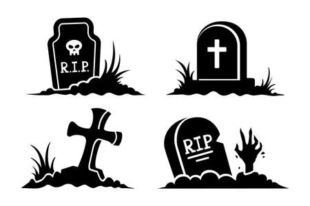 Set of black silhouettes and icons of graves for Halloweenのイラスト素材