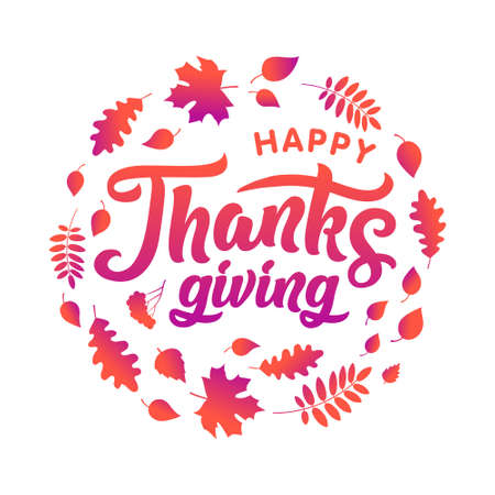 Happy thanksgiving greeting card with lettering and autumn leavesのイラスト素材