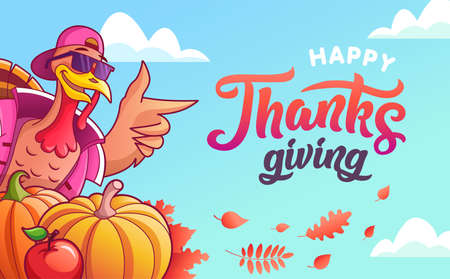 Happy thanksgiving banner with trendy turkey and pumpkinsのイラスト素材