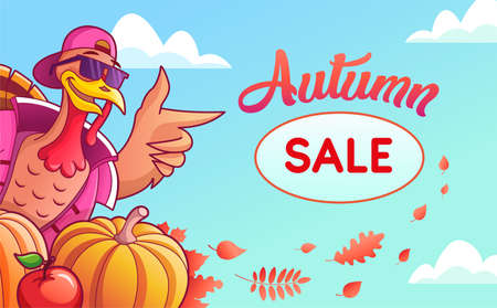 Banner for autumn sale with cool turkey and pumpkinsのイラスト素材