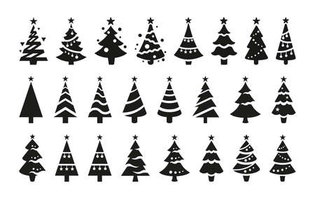 Black vector icons of christmas trees isolated on white background. Black silhouettes of stylized christmas trees with a stars at the top.のイラスト素材