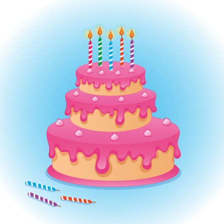 Birthday cake with five burning candles and pink cream isolated on blue background. Vector drawing illustration for birthday decoration or greeting cardのイラスト素材