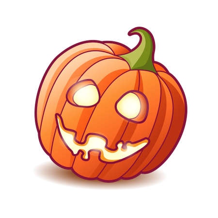 Scary pumpkin jack lantern with creepy toothy smile and fiery glow inside. Traditional decoration for Halloween. Cartoon vector illustration isolated on white background.のイラスト素材