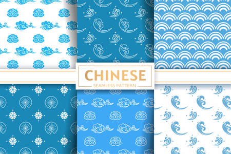 Chinese seamless patterns. Vector set. Floral, marine, sky textures. Lotus flowers and leaves., sea waves, sky clouds. Gold ornament and texture. Oriental japanese asian background.のイラスト素材
