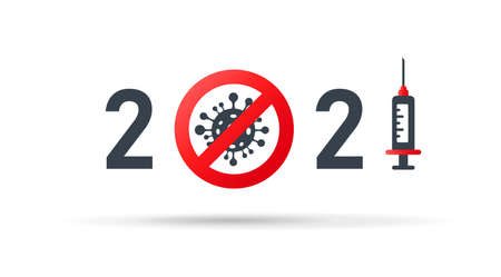 2021 covid-19 free year. Vector logo with stylized numbers. Syringe with vaccine against coronavirus. Virus molecule in red cirlce. Stylized vector banner.のイラスト素材