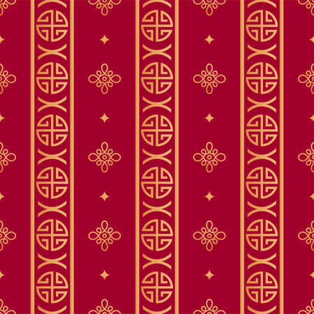 Chinese geometric seamless vector pattern. Chinese nodal seamless pattern. Gold oriental columns of circles and crosses, knots on red background. Japanese, asian background. Print texture.のイラスト素材