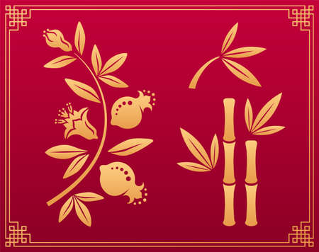 Chinese pattern. Japanese asian orient floral plant decorative icons, traditional gold ornament: garnet with flowers and fruits, bamboo with stems and leaves isolated on red background. Vector set.のイラスト素材