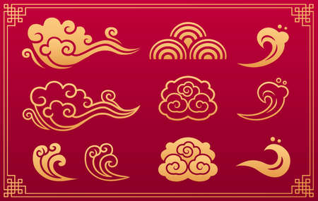 Chinese pattern. Asian orient gold traditional ornament and decorative element: clouds and waves isolated on red background with gold geometric frame. Vector set.のイラスト素材