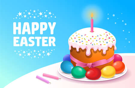 Easter cake with pink burning candle and beautiful colorful eggs on white tray. Vector holiday...