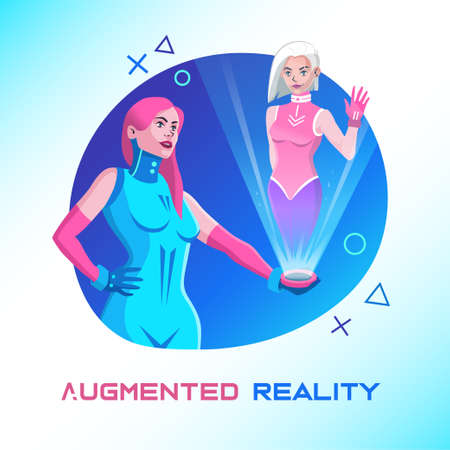 Virtual reality. Women communicate through a hologram. Augmented reality concept. Futuristic vector web banner. Illustration in cyberpunk style.のイラスト素材