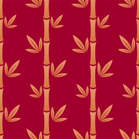 Bamboo seamless vector pattern. Chinese floral seamless vector pattern. Bamboo stems and leafs gold silhouettes on red background. Floral, oriental, japanese, asian background. Endless print texture.のイラスト素材