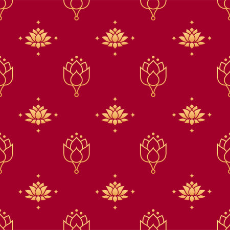 Lotus seamless vector pattern. Chinese floral seamless pattern. Gold decoration elements of lotus flowers on red background. Floral, oriental, japanese, asian vector background. Print texture.のイラスト素材