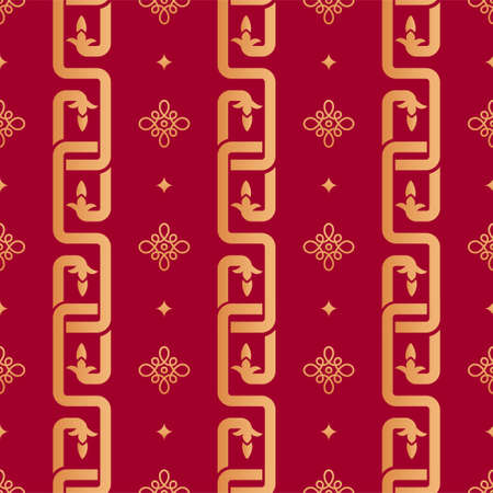 Chinese geometric seamless vector pattern. Chinese nodal seamless pattern. Gold oriental chain ornament, knots and rhombs on red background. Japanese, asian background. Print texture.のイラスト素材