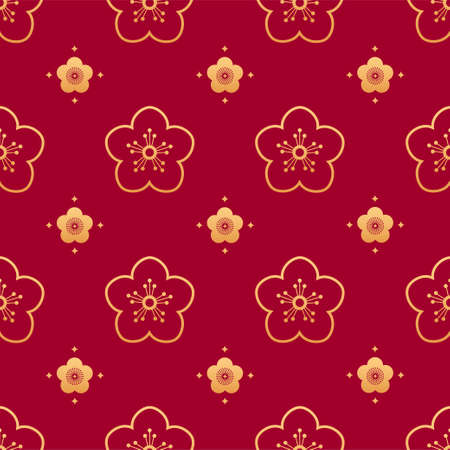 Sakura seamless vector pattern. Chinese floral seamless pattern. Gold silhouettes of oriental cherry leafs and flowers on red background. Oriental, japanese, asian vector background. Print texture.のイラスト素材