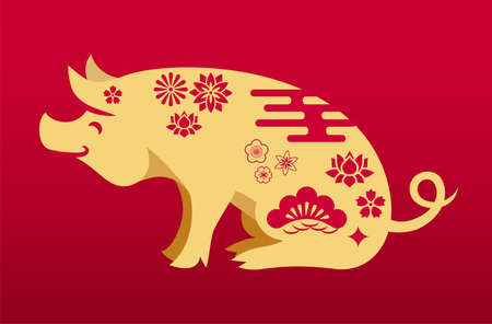 Chinese pig illustration with chinese floral ornament. Gold icon of the pig with decorative asian elements on her back. Background with red gradient. Chinese zodiac symbol for decorationのイラスト素材