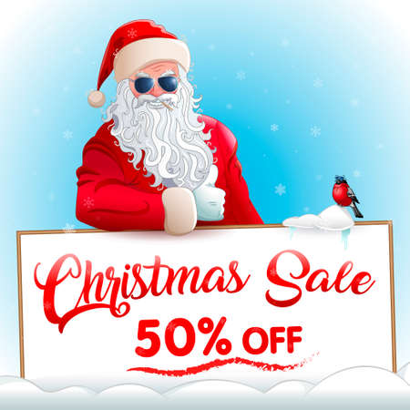 Christmas sale. Promotional banner with cool santa claus in sunglasses, cool bullfinch in sunglasses. Red advertising text on white board. Background with snowflakes.のイラスト素材
