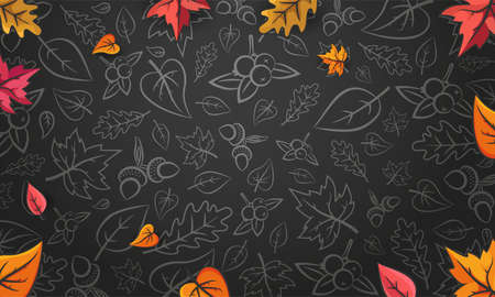 Autumn background. Blackboard. Falling leaves on black textured background. Vector autumn pattern with acorns, berries and autumn leavesのイラスト素材