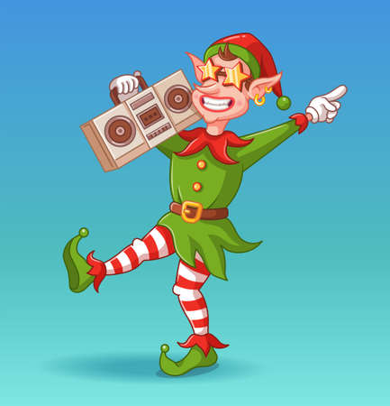 Cool dancing christmas elf with audio recorder and glasses stars. Vector illustration for christmas decorations. Background with blue gradient.のイラスト素材