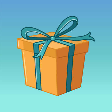 Yellow Christmas gift box with blue ribbon and bow. Vector cartoon illustration for christmas decorations. Background with blue gradient.のイラスト素材