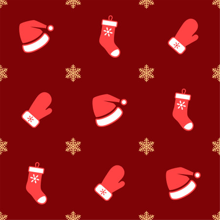 Christmas seamless pattern. Christmas caps, stockings and mittens with snowflakesのイラスト素材