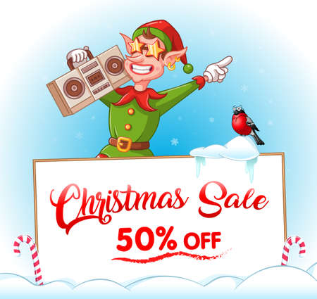 Christmas sale. Advertising banner. Dancing christmas elf with audio recorder and big white bannerのイラスト素材