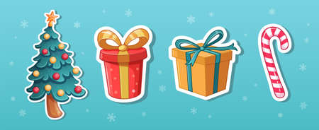 Christmas stickers, christmas tree and gift boxes, cartoon vector iilustrationsのイラスト素材
