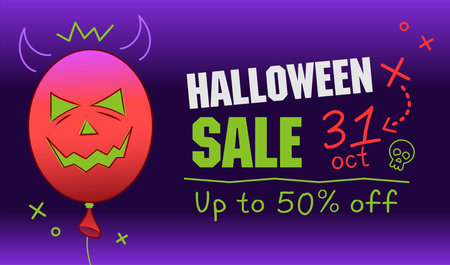 Halloween sale advertising banner. Red balloon with a sinister smile. Vector illustrationのイラスト素材