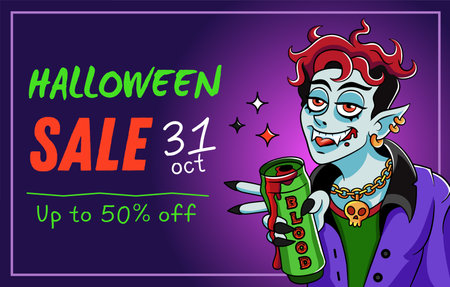 Halloween sale advertising banner. Stylish happy vampire with a blood can. Vector illustrationのイラスト素材