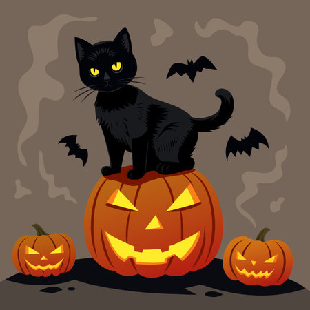 Black cat and pumpkin lantern. Halloween vector flat illustrationのイラスト素材