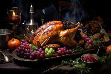 Traditional Thanksgiving dinner on the table. Turkey , mashed potatoes, dressing, pumpkin pie and sides on the table. Dinner is decorated with pumpkins and fruitsの写真素材
