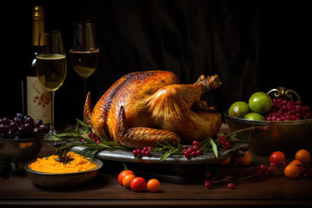 Traditional Thanksgiving dinner on the table. Baked turkey , mashed potatoes, dressing, pumpkin pie and sides. Bottle of wine and glasses. Dinner is decorated with pumpkins and fruitsの写真素材