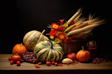 Autumn harvest with pumpkins on a wooden table. Thanksgiving. Autumn festival. Vegetables, fruits...
