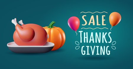Thanksgiving sale banner with 3d roast turkey, pumpkin and air balloons. 3d stylized vector illustration for sale eventのイラスト素材