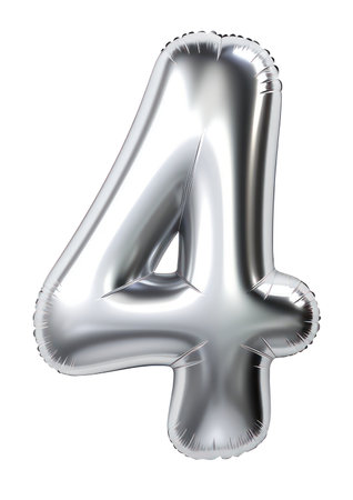 Number 4 silver balloon isolated on transparent background. 3D number illustration render. Studying conceptの写真素材