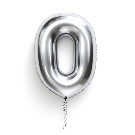 Number 0 silver balloon isolated on white background. 3D number illustration render. Studying conceptの写真素材
