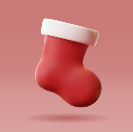 Christmas stocking 3d vector icon. Christmas sock 3d vector illustration in shiny plastic cartoon style isolated on red background. Red and white colorsのイラスト素材