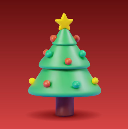 Christmas tree 3d icon in cartoon toy style. Vector. Minimalistic stylized 3d illustration of conical shaped Christmas tree. Holiday decoration isolated on red background.のイラスト素材