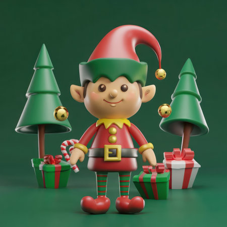 Christmas elf 3d icon. Cartoon, toy style. 3d illustration render. Cartoon character elf toy. Santa 3d clip art isolated. Clip art for New Year and Christmas holidays.の素材