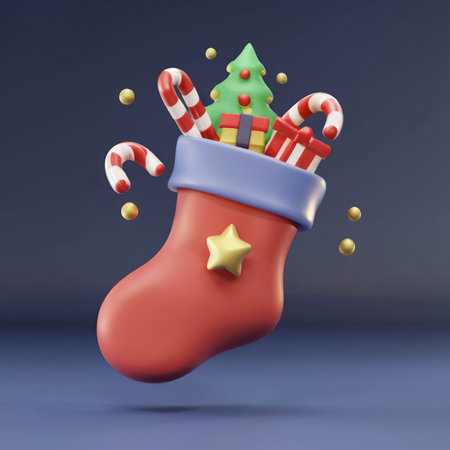 Christmas stocking 3d icon. Christmas sock 3d illustration in shiny plastic cartoon style isolated. Red and white colors.の素材