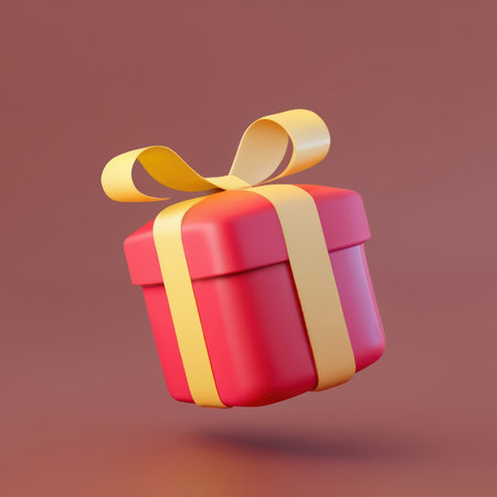 Red gift box 3d cartoon icon in plastic style. Minimalistic modern 3d illustration of Christmas gift box. Stylized holiday decorationの素材