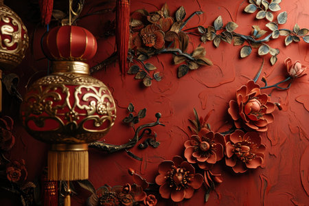 Chinese New Year background. Chinese lanterns and sakura flowers. Chinese traditional ornaments and patterns. Red and gold colors. Festive Asian banner.の素材