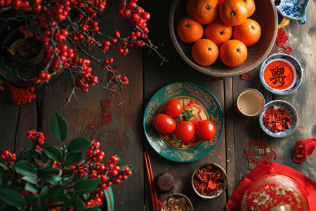 Chinese New Year's table with tangerines, cherry branches and tea.の素材