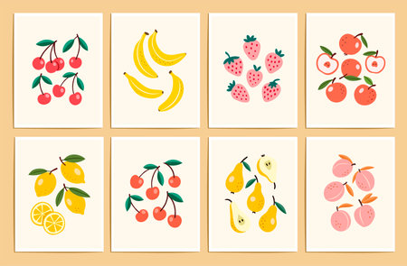 Fruits and berries hand drawn cards. Vector flat illustrations with fruits. Minimalistic postersのイラスト素材