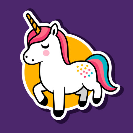 Cute unicorn cartoon illustration. Vector sticker of a little fairy ponyのイラスト素材