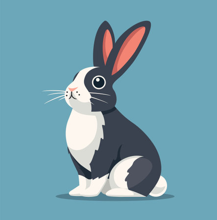 Bunny flat vector illustration. Sitting grey rabbit with white spots and blue backgroundのイラスト素材