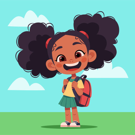 Cute little black girl with a school satchel goes to school. Cartoon illustration. Back to schoolのイラスト素材