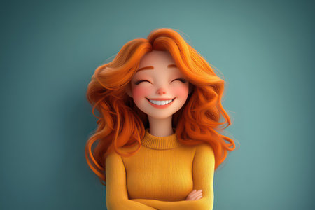 Smiling young woman with ginger hair. 3d cartoon character illustration on light background. 3d portrait of happy female person. People feelings and expressions conceptの写真素材