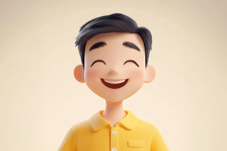 Smiling Asian boy 3d cartoon character. Happy teenager 3d illustration on light backgroundの写真素材