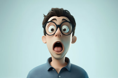 Shocked adult man 3d cartoon character illustration. 3d portrait of scared man with glasses on light...